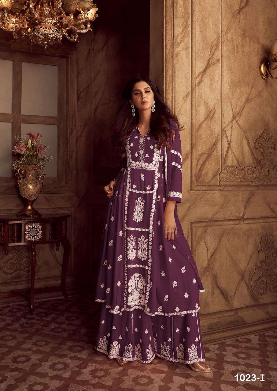 LAKHNAWI VOL 4 DARK COLOR HEAVY REYON WHITE THREAD EMBROIDERY WORK NAYRA CUT KURTI WITH PLAZZO AND NAZMIN DUPATTA BY VAMIKA BRAND 1023 I